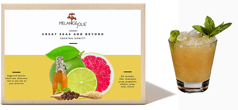 Mélange Jolie Great Seas and Beyond Cocktail SipKit™ featuring an armagnac glass, bar spoon, and cocktail ingredients including ginger beer and dehydrated fruits.